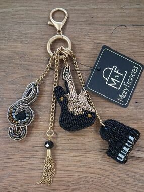Mary Frances Black & Gold Beaded Musical Guitar and Piano Keychain